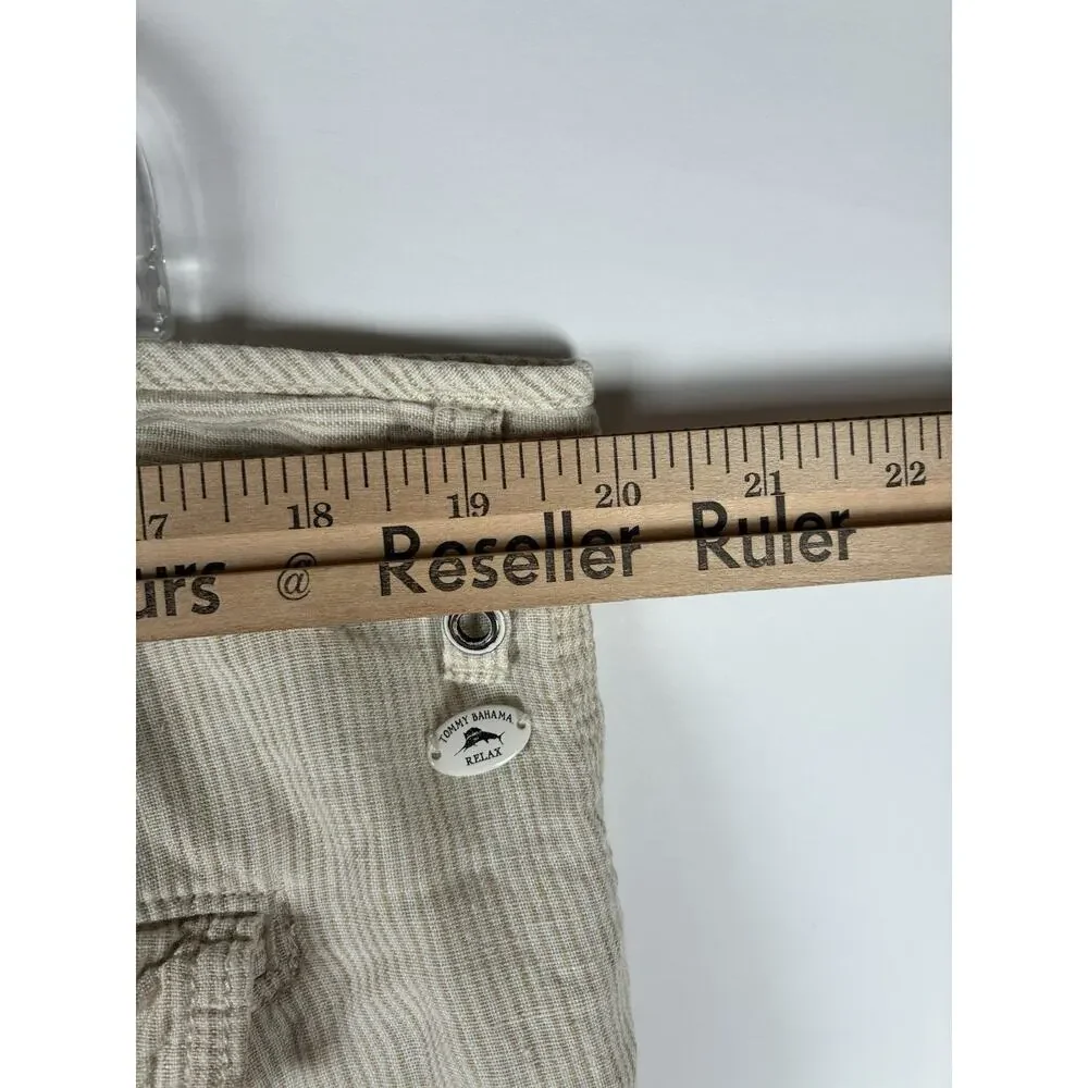 Tommy Bahama Relax Mens 38 100% Linen Shorts Tan Stripe Flat Front Old Money